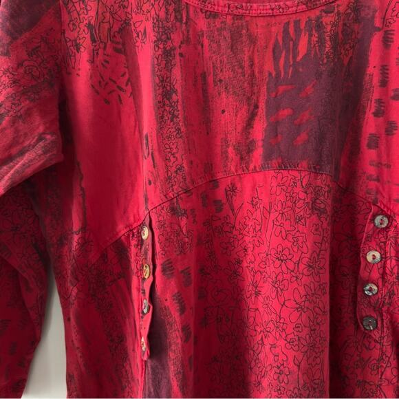 Vintage patchwork style button front Red babydoll Top 3/4 sleeves high low hem L - Picture 4 of 13